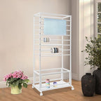 16-Layer Scarf Display Stand, Rolling Scarf Organizer Holder Hanging Rack with Wheels & Storage Basket for Retail Store Boutique Display Bedroom, W26.5*D16.9*H59in (White)