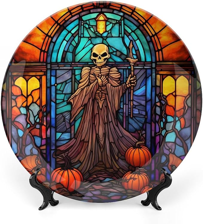Halloween Spooky Stained Glass Design Decorative Plates Home Decor Ceramic Plates, Dinner Plates Display for Living Room, Kitchen, Hallway Console Side Table, Presents for Halloween, 10 Inch