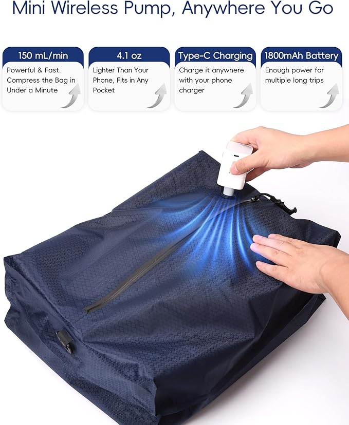 Travel Vacuum Bags with Wireless Pump, Reusable Vacuum Compression Bags for Suitcase, Space Saver for Luggage, Airtight & Waterproof, Perfect for Frequent Travelers & Business Trips (2-Pack)