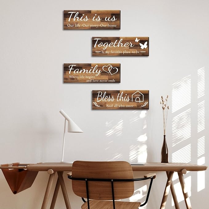 4 Pieces Home Wall Signs, THIS IS US/TOGETHER/BLESS THIS HOME/FAMILY Wall Decor For Living Room Bedroom, Rustic Wooden Farmhouse Wall Art , 4.7 x 13.8 Inch(Brown)