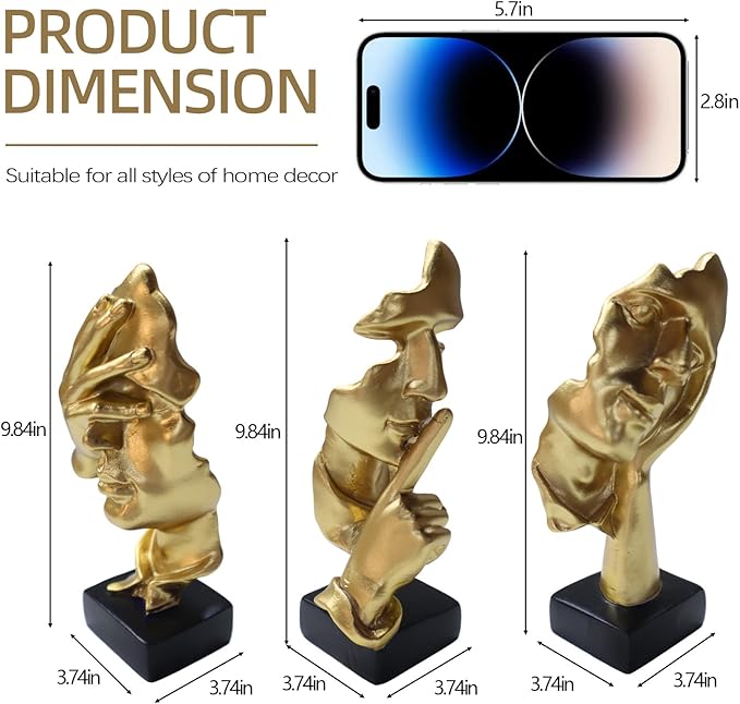aboxoo Large Size 3 Pcs Thinker Statue, Silence is Gold, See No Evil Hear No Evil Speak No Evil Statues, Modern Resin Sculptures Decor for Living Room Home, Office, Study (Gold)