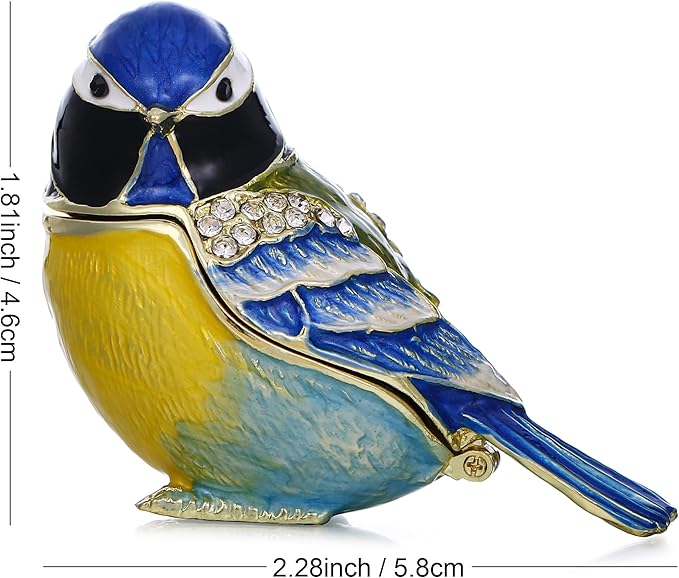 Hand Painted Trinket Box for Home Decor Accents, Enamel Hinged Jewelry Box for Bookshelf Office Table Desk Decoration, Classical Figurine Collectible Keepsake Animal Sculptures (Blue Jay)