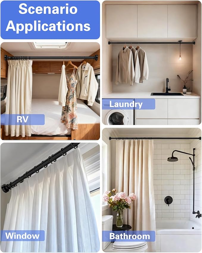 No Drilling Closet Rods for Hanging Clothes, Non Slip Tension Rod with Heavy Duty Clothes Hanging Rod, 17-84 Inches Adjustable Spring Closet Rod for Closet Wardrobe Bathroom Laundry RV, Black