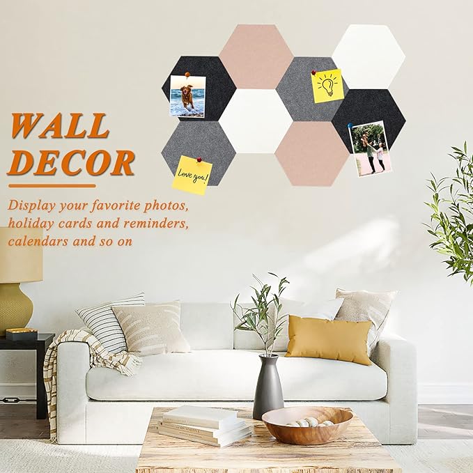 8Pcs Hexagon Felt Cork Board Tiles, Self Adhesive DIY Bulletin Board Pin Board for Office School Home Wall Decor Stickers Memos Photos Display (Camel & Grey)