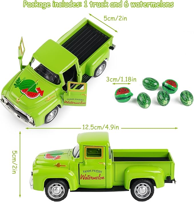 Watermelon Truck Decor, Vintage Green Pickup Truck with Farm Fresh Watermelon, Summer Farmhouse Tiered Tray Decor, Rustic Kitchen Tabletop Decorations for Home Office