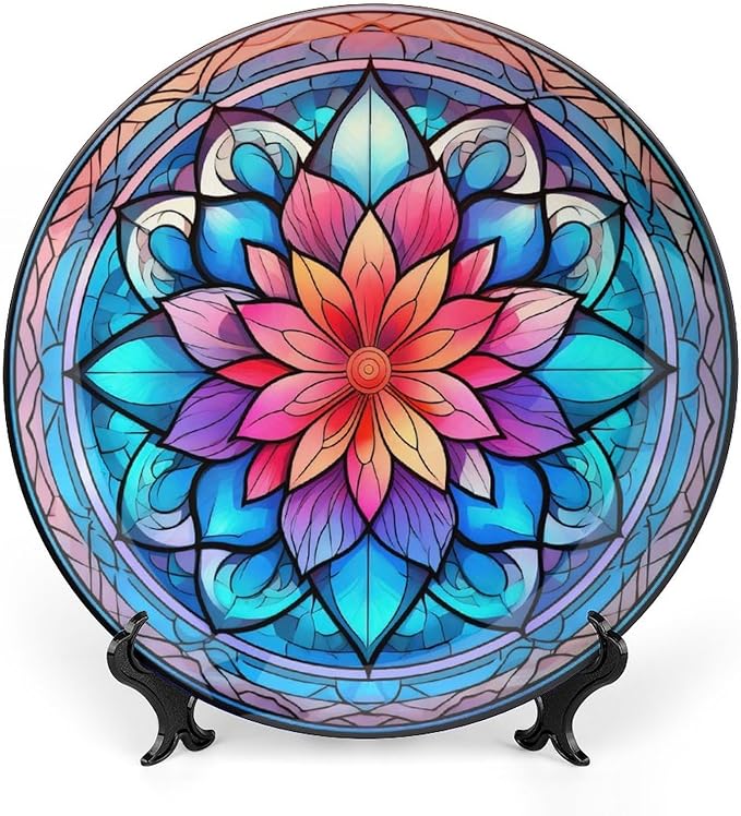 Decorative Plates for Wall Hanging, Mandala Flower Glass Painting Ceramic Plate w/Display Stand, Home Decor for Kitchen Cabinets, Farmhouse Round Tray 8 Inch, Gift for Family Friends