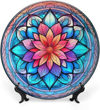 Decorative Plates, Mandala Flower Glass Painting Ceramic Dinner Plate Home Wobble-Plate with Display Stand, Wall Hanging Decor for Dining Room Kitchen Household 7 Inch, Gifts for Family Friends