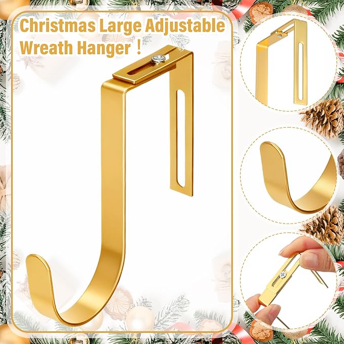 LEIFIDE 4 Pcs Width Adjustable Wreath Hanger for Front Door 1.5-3.78" Large Over the Door 4th of July Decoration Hook 20 Lbs Capacity(Gold)