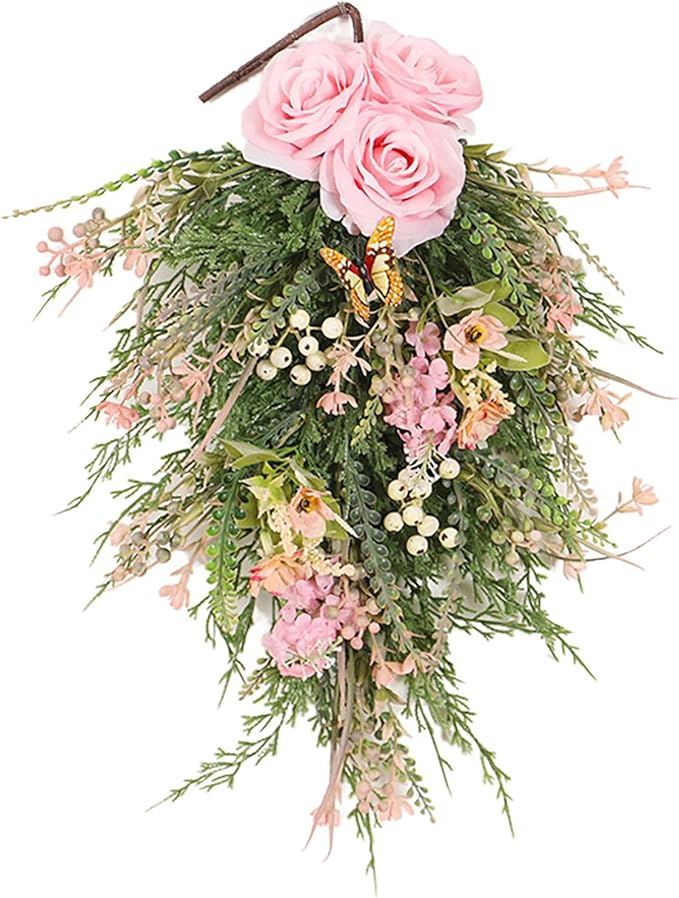 Artificial Floral Swags, 20inch Spring Teardrop Swag, Decorative Floral Swag with Rose Flowers and Berries, Artificial Rose Flower Swag Wedding Arch Flowers Floral Arrangement