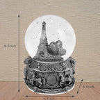 LED Music Snow Globe Vintage Eiffel Tower Buildings Embedded Carousel Retro Home Decoration for Book Shelf Cabinet Floating Board Office Desk Table Top Decor Centerpieces Ornament (Silver A)