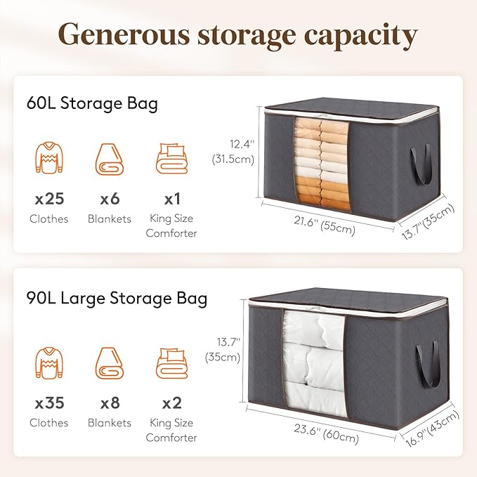 Lifewit 21 Pack 90L Clothes Storage Bins with Lids, Foldable Blanket Storage Bags with Zippers, Clear Window and Reinforced Handles, Closet and Organization for Clothing, Sweater, Comforter, Bedding