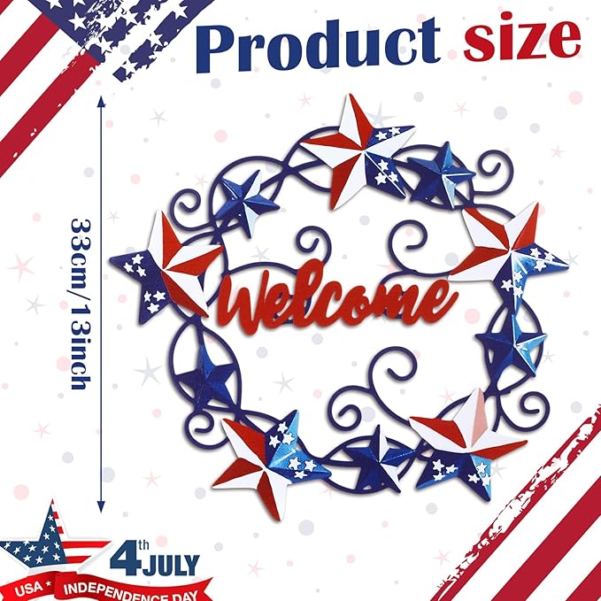 MorningRo Metal Patriotic Wreaths for Front Door Red White Blue Star 4th of July Wreaths American Flag Hanging Vintage Rustic Independence Day Welcome Sign for Porch Wall Home Outdoor, 13 Inch