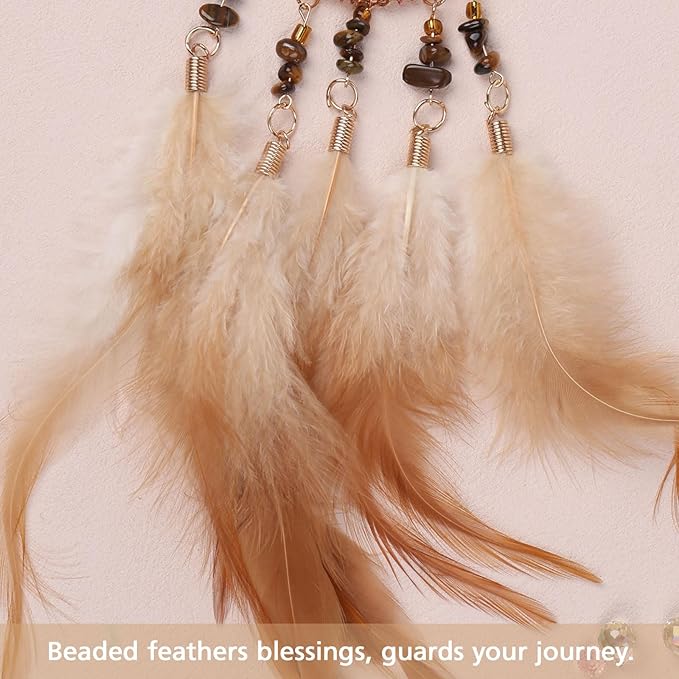 Pretty Jolly Small Tree of Life Crystal Stone Dream Catchers Brown Feathers Mini Dreamcatchers for Cars Rear View Mirror Hanging Decoration Good Luck Travel Charm Bedroom Ornaments for Women Girls