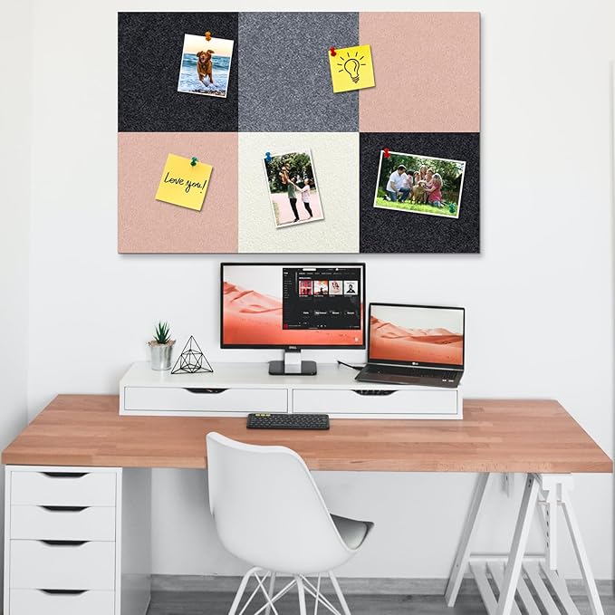 Square Felt Cork Bulletin Board Tiles, Self Adhesive DIY Felt Pin Board for Wall 30" x 20" with 35 Pushpins for Office School Home Wall Decor Stickers Memos Photos Display (Camel & Grey)
