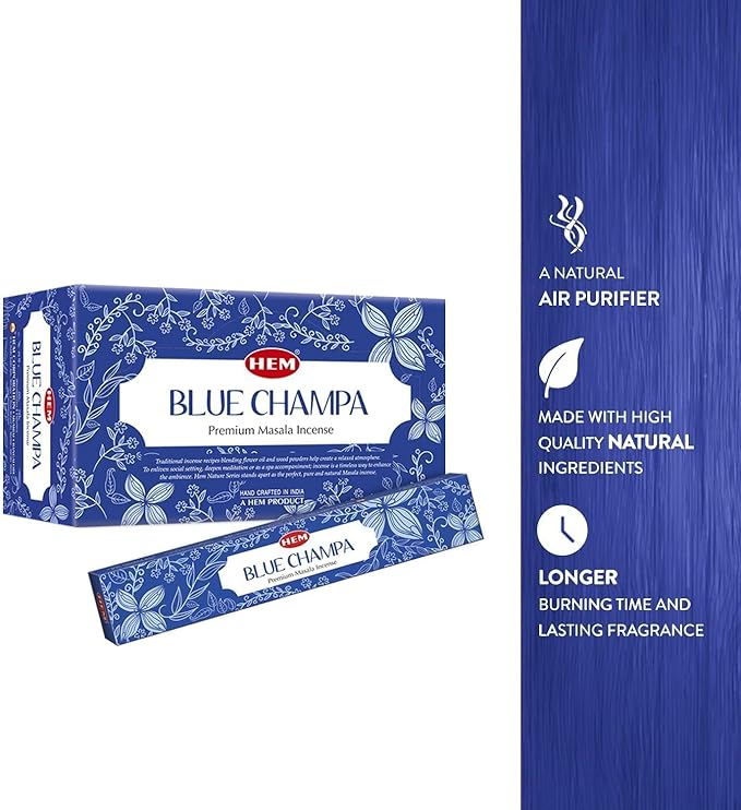 HEM Premium Blue Champa Masala Incense Sticks | Pure Herbs, Wood Powder | Aromatherapy Incense for Stress Relief, Air Purifier & Cleansing | Gift Set - Pack of 12 (15 GMS Each)