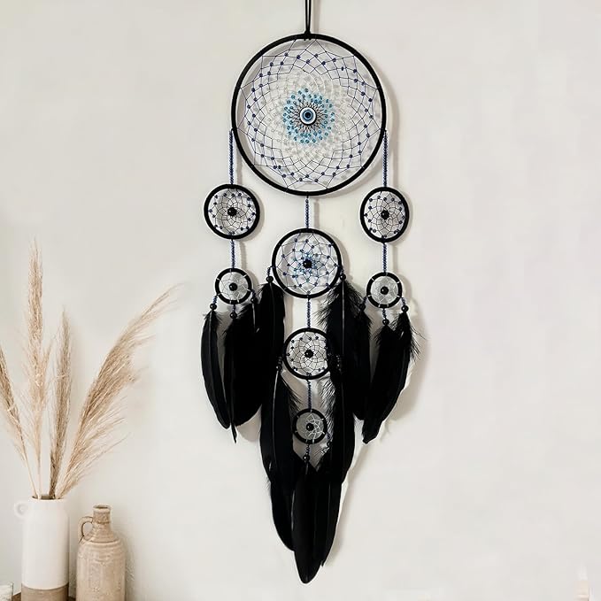 Handmade Evil Eye Dream Catcher for Home Decor, Jiyamony Black Dream Catchers for Adults Bedroom Wall Hanging Decoration with a Evil Eye Car Charm Gift
