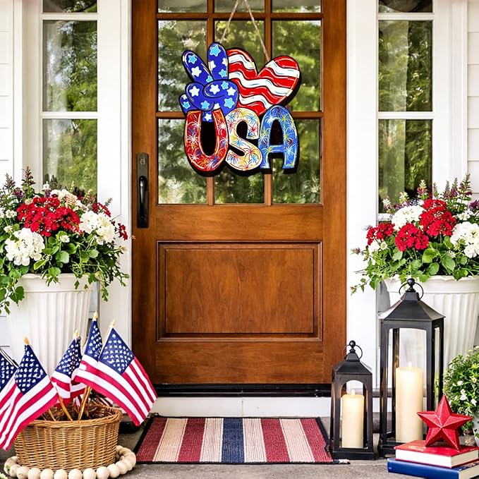 Wooden 4th of July Decorations Patriotic Wreaths for Front Door Independence Day Decorations Star Sign Welcome Memorial Day Hanging for Home Wall Decor Outdoor Indoor Red White and Blue Wreath 6