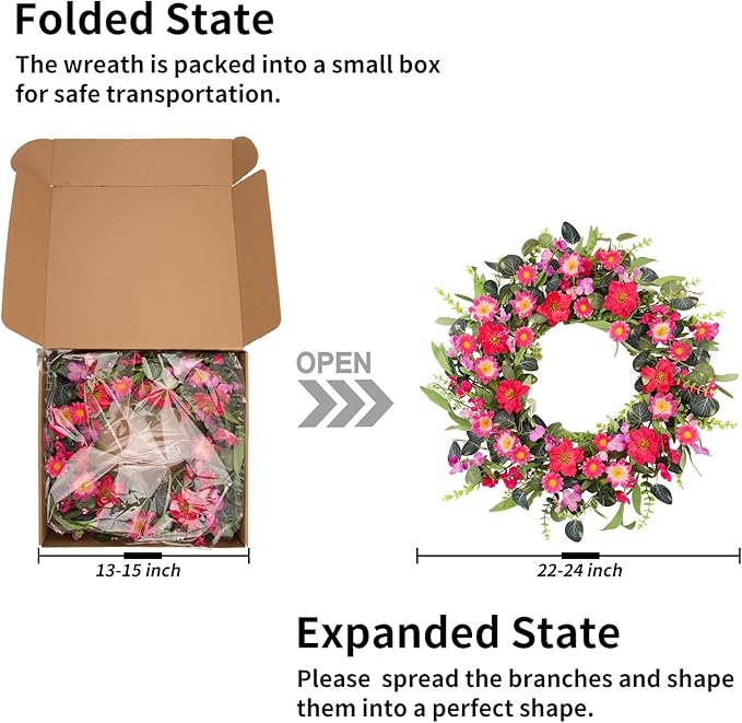 24 Inch Large Spring Summer Front Door Wreaths, Artificial Eucalyptus Daisy Wreath with Pink Red Flowers, Rustic Farmhouse Wreath for Porch Wall Window, Indoor Outdoor All Season Home Decor