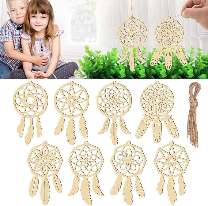 80 Set Wooden Dream Catchers Kits Wood Small Unfinished Dream Catcher Decorative Hanging Ornaments Cutouts to DIY Paint Crafts for Wall Home Tree Decor, 8 Styles