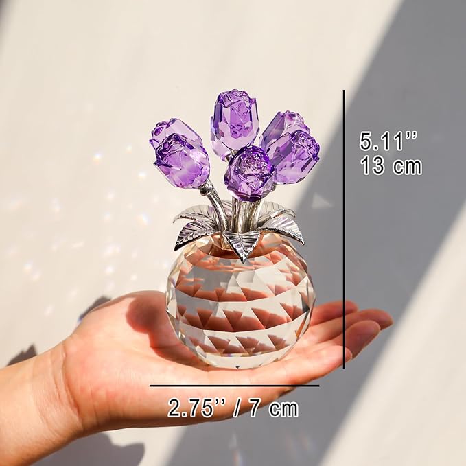 Crystal Rose Figurines Gifts for Women Valentine's Day, Glass Floral Ornament for Mother's Day Birthday Christmas Amethyst Collectible Rose Flowers Anniversary Floral Presents for Her (Purple)