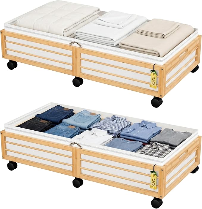 Under Bed Storage Containers with Wheels, Larger Bamboo Wood Under Furniture Storage Containers with Dust Bags，Rolling for Shoes Clothes