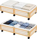 Under Bed Storage Containers with Wheels, Larger Bamboo Wood Under Furniture Storage Containers with Dust Bags，Rolling for Shoes Clothes