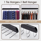 Wooden Tie Rack & Belt Holder 2 Pack, 20-Hook Necktie Hanger & 14-Hook Belt Organizer, Space Saving Multi Functional Closet Storage for Men