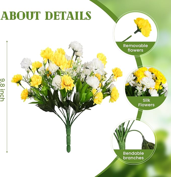 Artificial Flowers for Outdoors Decoration, 6 Bundles Silk Marigold Flower UV Resistant Look Real Faux Plants for Garden Porch Planter Patio Balcony Yard Home Decor (Yellow White)