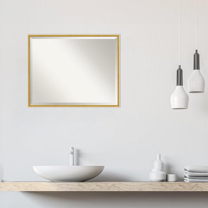Amanti Art White Wall Mirror 23x29 Paige White Gold Rectangle Bathroom Mirror for Wall Decor Living Room, Large Modern Wood Frame, Hangs Horizonally and Vertically, Bathroom Decor, Beveled Edge