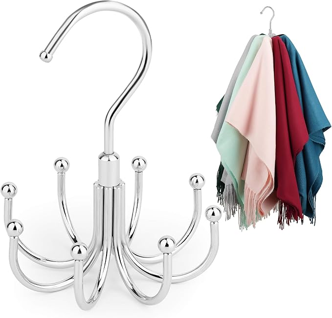 ZEDODIER 2 Pack Scarf Organizer Scarf Hanger for Closet, Rotatable Sturdy Hijab Holder Holds 16 Scarves, Metal Space Saving Closet Organizers and Storage, Silver