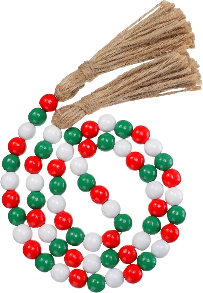 Equsion Seasonal Wooden Bead Garland with Tassels, 3.3 ft Holiday Vintage Boho Bead Garland Easter Tray Decoration, Vase Wall Room Art Birthday Party Decoration(Christmas Colors)