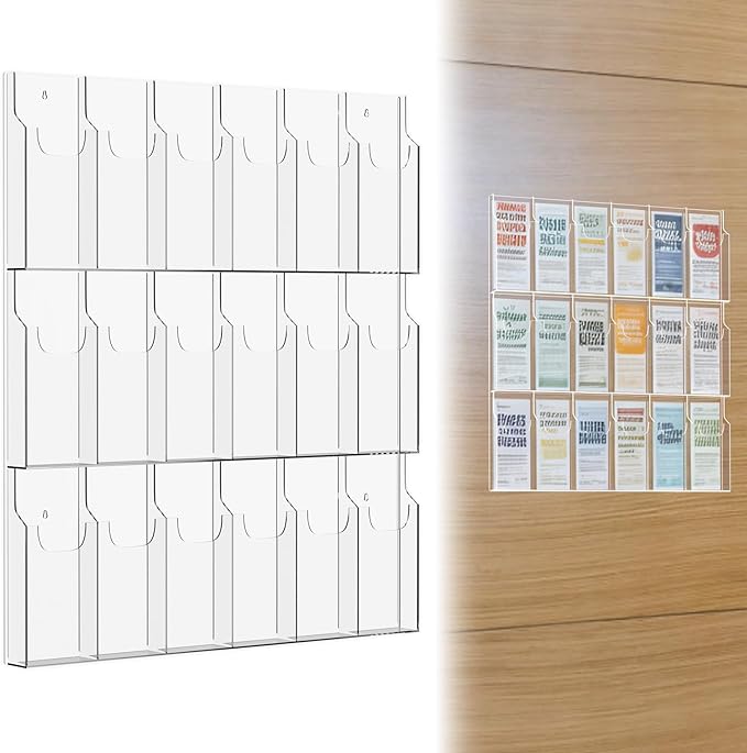 Acrylic Brochure Pamphlet Holder, 18 Pamphlet Holders, Clear Brochure Display Holder Wall Mount, Trifold Flyer Rack, Literature Storage Rack for Home, Offices, Waiting Room
