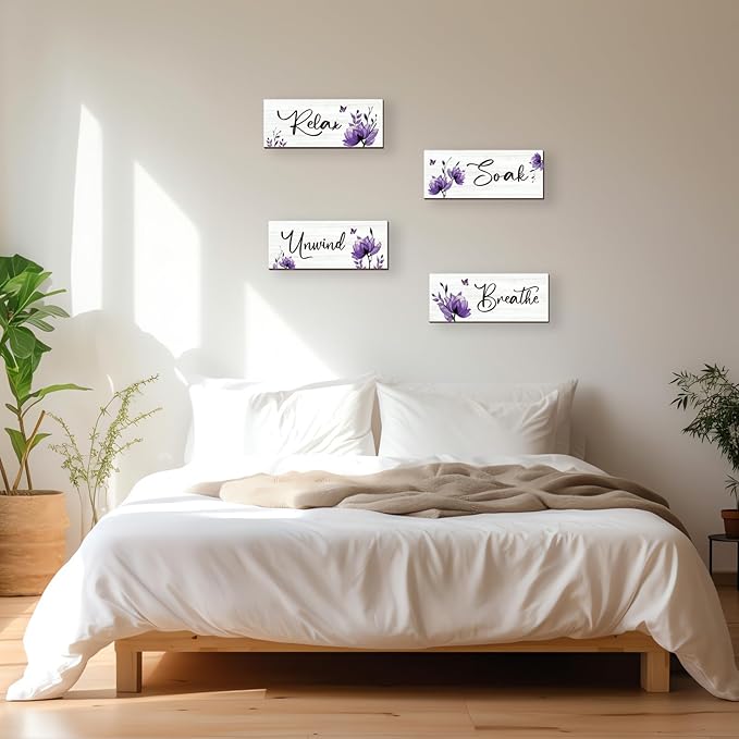 ONIZHITY Set of 4 Purple Bathroom Decor With Purple Flower Wall Decor Inspire Relax Soak Unwind Breathe Rustic Wooden Wall Art Ideal for Bedroom Office Living Room Kitchen Decoration(Purple 10x4Inch)