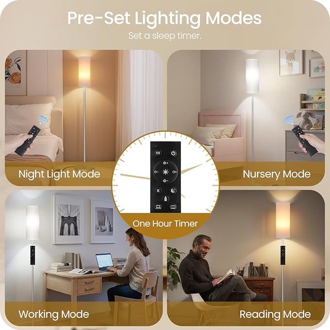 Dimmable Floor Lamps for Living Room with Remote and Foot Switch, 64.4” Modern Standing Tall Lamp, Corner Lamp for Bedroom, Office, Bulb Included, 3000K-6500K, White and Silver, FCC Listed SCW06LD05W1