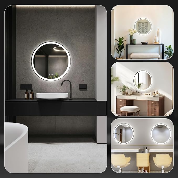 DUMOS 28 Inch Round LED Bathroom Mirror with Lights, Circle Vanity Mirror with Anti-Fog, Dimmable, 3-Color Light, Front Light and Backlit, Memory Function, Tempered Glass