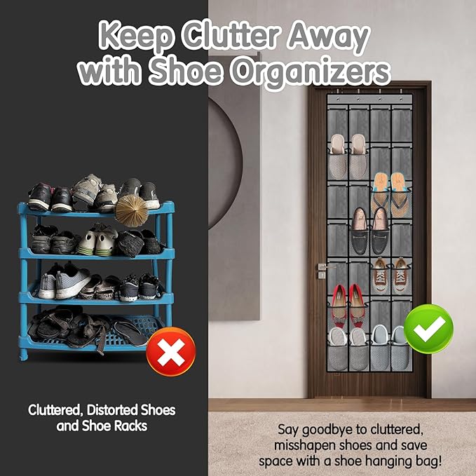 28 Compartment Over the Door Shoe Organizer, Breathable Mesh Large Shoe Rack for Closet Storage, Space Saving Hanging Shoe Holder with Reinforced Hooks (Fits Men & Women,Gray-01)