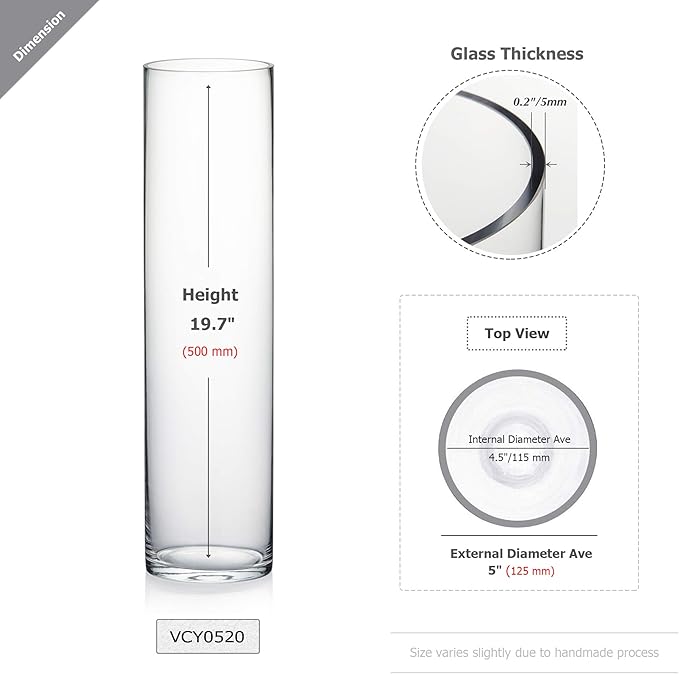 WGV Cylinder Vase, Diameter 5", Height 20", Clear Glass Floral Planter Container, Tall Centerpiece Arrangement for Wedding Party Event Home Office Decor, 1 Piece