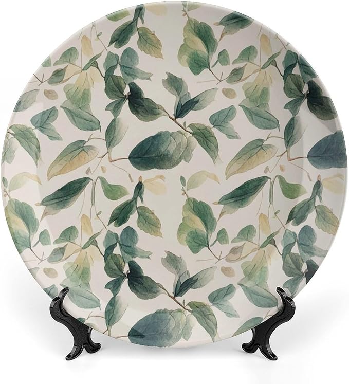 Bone China Decorative Plate Sage Green Eucalyptus Leaves Ceramic Decorative Plates with Display Stand 6inch Handmade Ceramic Ornament Wall Art Decor for Home Kitchen Bedroom Decorative Ornaments