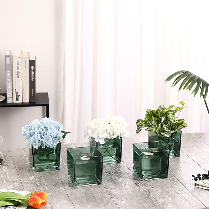 Square Glass Vases Set of 6, 4" x 4" x 4" Square Flower Vases for Centerpieces, Green Vase for Flowers, Small Vase for Wedding, Party, Home Office Decoration