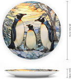 Penguins Family Snowy Forest Stained Glass Painting Decorative Plates Home Decor Ceramic Plates, Dinner Plates Display for Kitchen, Hallway Console Side Table, Presents for Penguin Lovers, 8 Inch