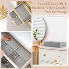 Set of 5 Stackable Jewelry Organizer Trays for Drawer 14 Inch Velvet Jewelry Drawer Insert Display Storage with Removable Divider for Necklace Earring Ring Watch Bracelet (Gray)