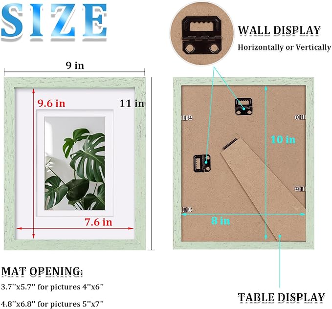 Egofine 8x10 Picture Frames Set of 4, Made of Solid Wood Covered by Plexiglass 4x6 and 5x7 with Mat or 8x10 without Mat, for Table Top Display and Wall Mounting Photo Frame Rustic Green