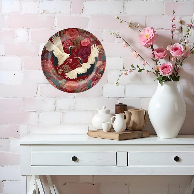 HABEN ARTWORK 10" Ceramic Plates for Display Elegant Cranes Floral Garden Rich Red Decorative Plate with Stand and Hook for Kitchen Dining Room Wall Hanging Decor