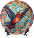 Decorative Plates for Home Decor, Colorful Stained Glass Design Hummingbird Decor Tray for Table Display, Ceramic Dinner Plate W/Stand, Living Room Decor, Gifts for Hummingbird Lovers, 7 Inch
