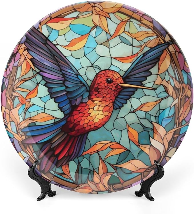 Decorative Plates for Home Decor, Colorful Stained Glass Design Hummingbird Decor Tray for Table Display, Ceramic Dinner Plate W/Stand, Living Room Decor, Gifts for Hummingbird Lovers, 7 Inch