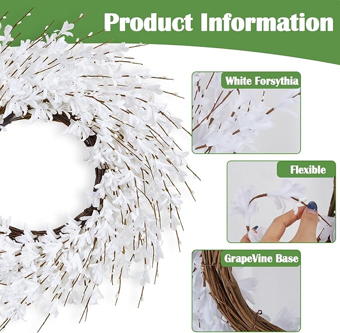 GTIDEA 24" Summer Wreaths for Front Door, Artificial White Forsythia Flower Wreath on Grapevine, Floral Wreath for Home Indoor Outdoor Wall Window Garden Porch Farmhouse Summer Door Decor