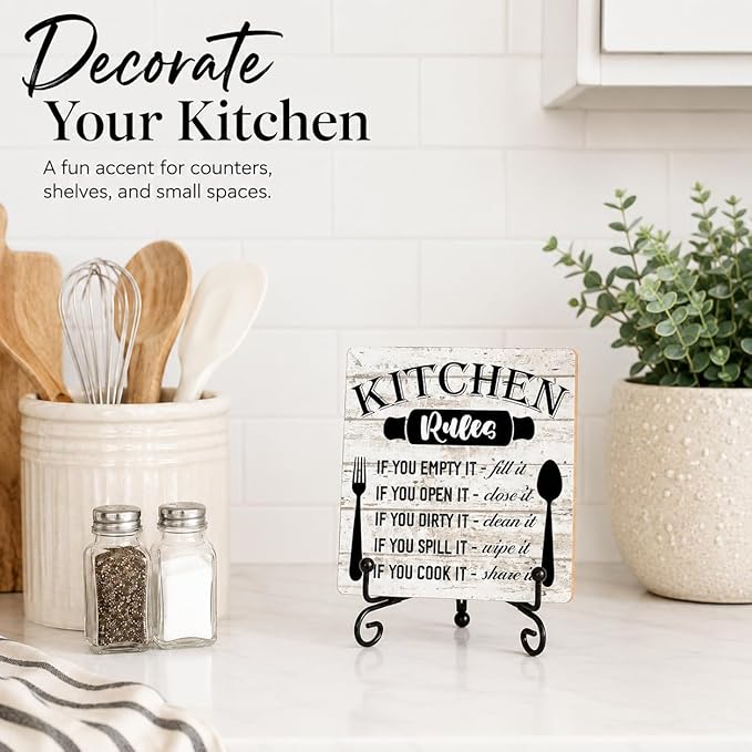 Rustic Wood Plaque with Stand - Kitchen Decor - Kitchen Rules Wood Sign - Idea Wooden Decor for Home Living Room Dining Room Shelf Table Decoration (31)