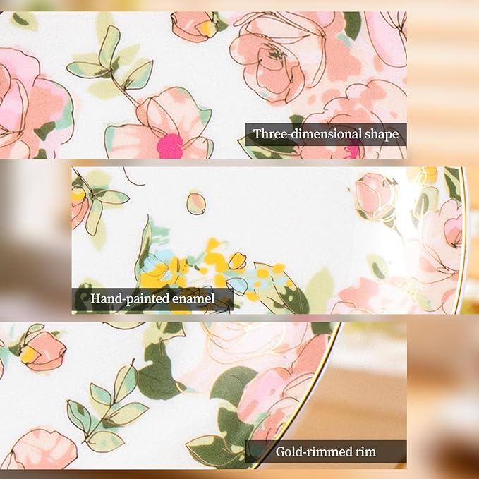 KAMMAK Ceramic Decorative Plate Set of 2, Porcelain Plates for Kitchen Dining Room Wine Cabinet Home Decor, Vintage Collector Plates with 2 Display Stand, Wild Rose (8-inch + 10.5-inch)