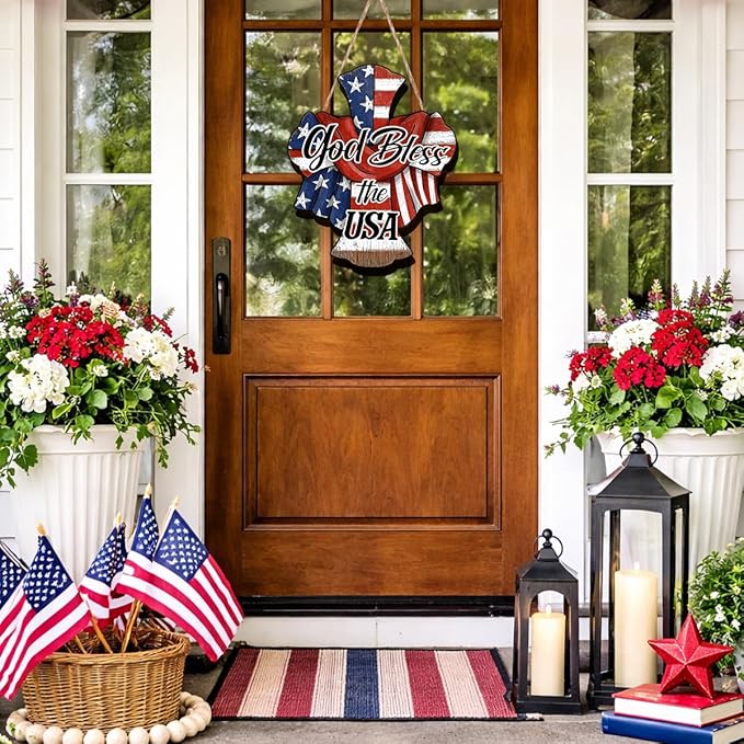 Wooden 4th of July Decorations Patriotic Cross Wreath Independence Day Decorations Front Door with god Bless America Sign Welcome Memorial Day Hanging for Home Wall Decor Outdoor Indoor