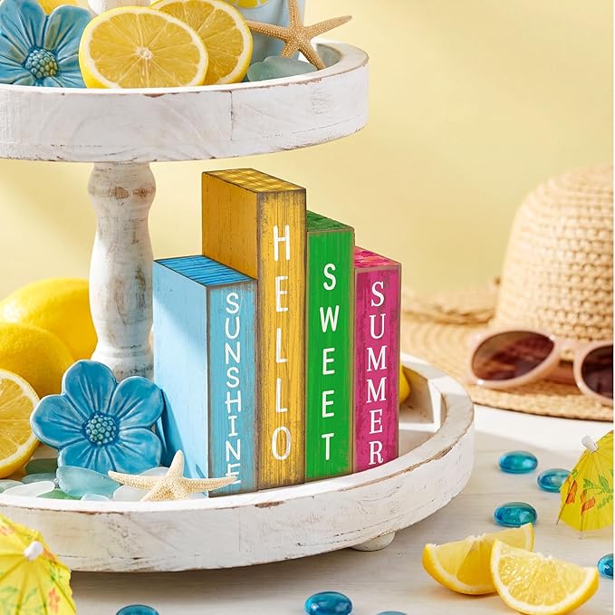 Lineshading 4 Pcs Summer Table Decoration Wooden Book Hawaii Beach Decoration Blue Yellow and Red Summer Tiered Tray Decor Wood Book Sign Farmhouse for Hawaii Party Home Shelf Coffee Table